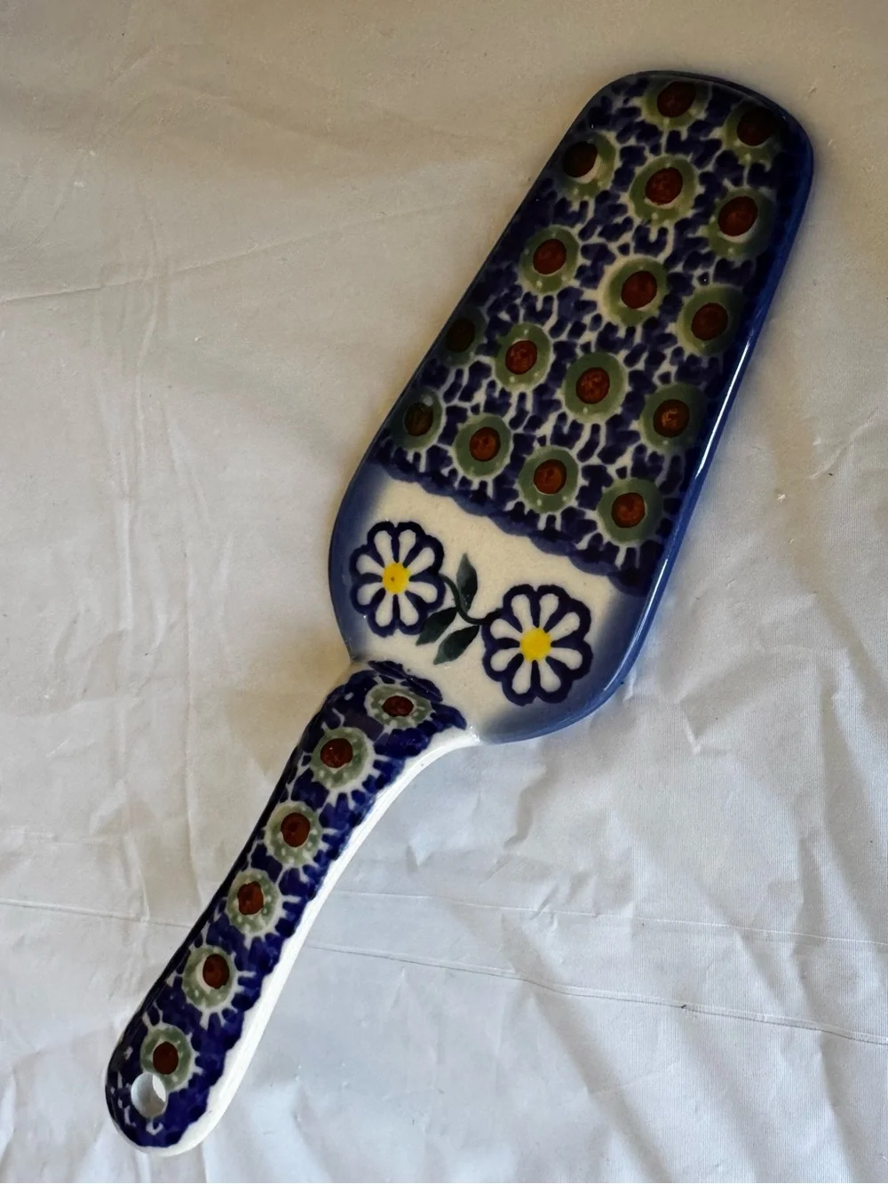 Polish Pottery Floral Ceramic Cake Server in Blue and White